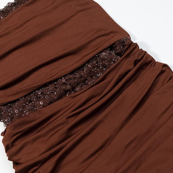 Ladies evening dress with off-the-shoulder draped top and sequin insert Amarae