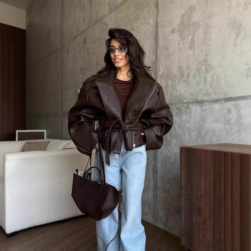 Ladies oversized leather jacket with waist belt Amarae