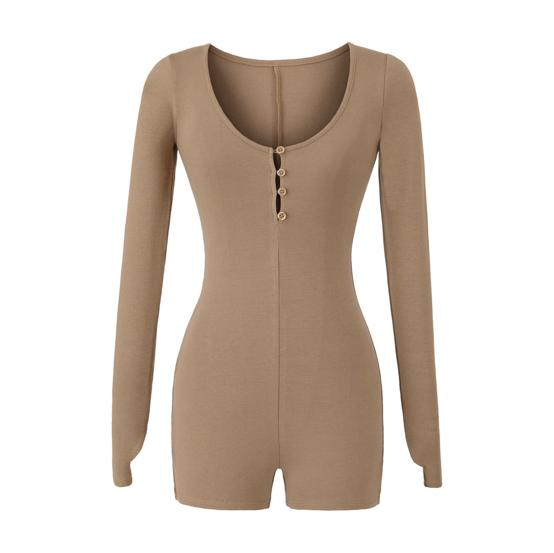 Women Fitted Long Sleeve Bodysuit with Button Placket and Short Shorts Amarae