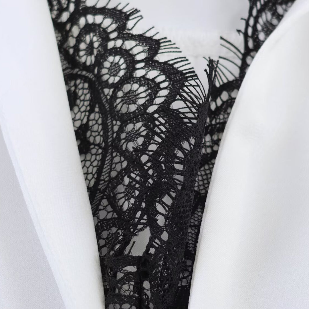Women's Silky Oversized Blouse with Lace Insert and Shirt Collar Amarae