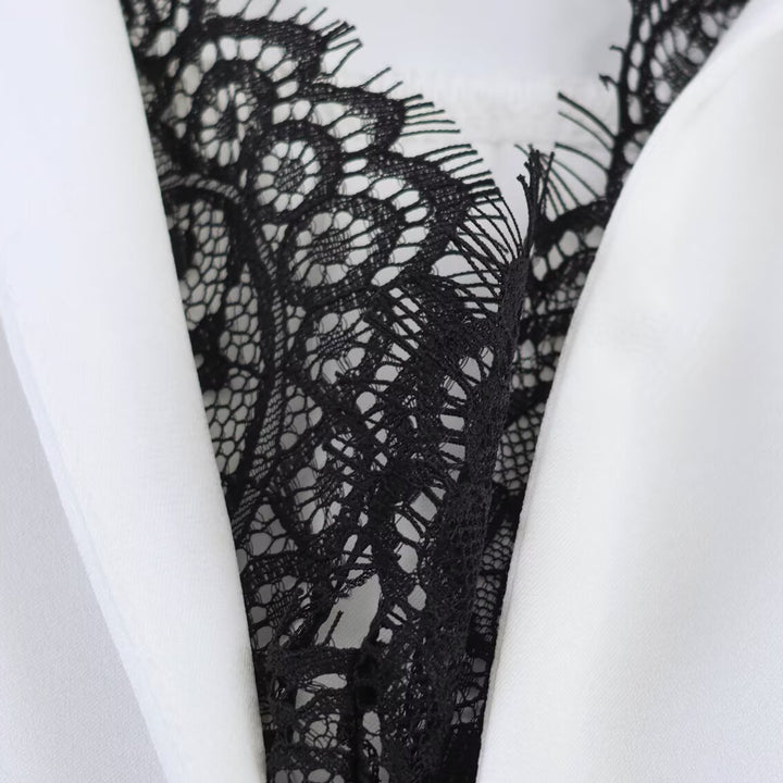 Women's Silky Oversized Blouse with Lace Insert and Shirt Collar Amarae