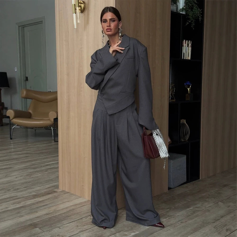 Women Oversized Blazer Set with Tailored Peplum and Pleated Midi Skirt Amarae