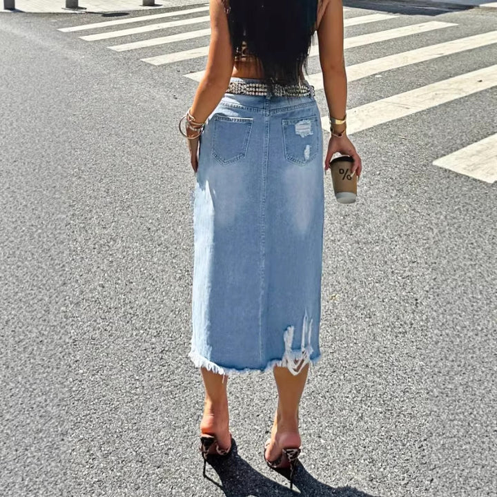 Ladies Denim Midi Skirt with Fringes Front Slit and Used Effects Amarae