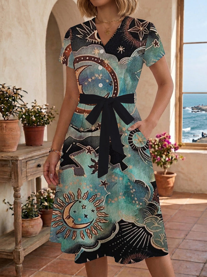 Women's Blooming Midi Dress with Adjustable Belt and Artistic Print Lune London