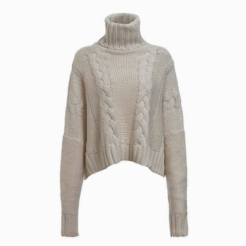 Chunky knit sweater for women with high collar and unique cable design Lune London
