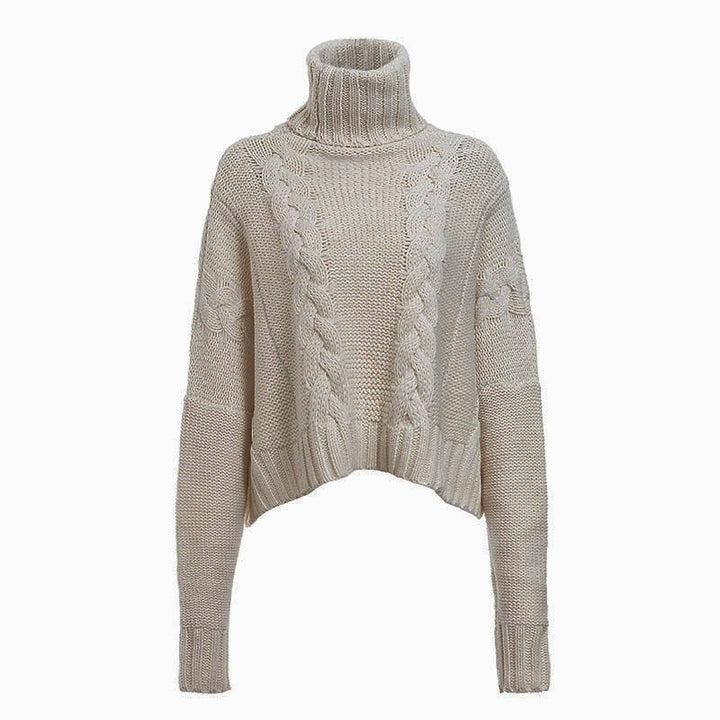 Chunky knit sweater for women with high collar and unique cable design Lune London
