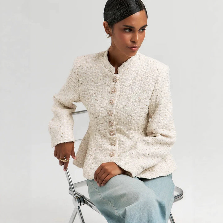 Women's Boucle Blazer with Stand Collar and Fitted Peplum Silhouette Amarae