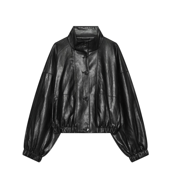 Women's Short Faux Leather Bomber Jacket with High Funnel Collar and Elastic Hem Amarae