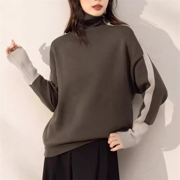 Femme Pull Col Roulé Décontracté avec Manches Contrastées Chic & Stil