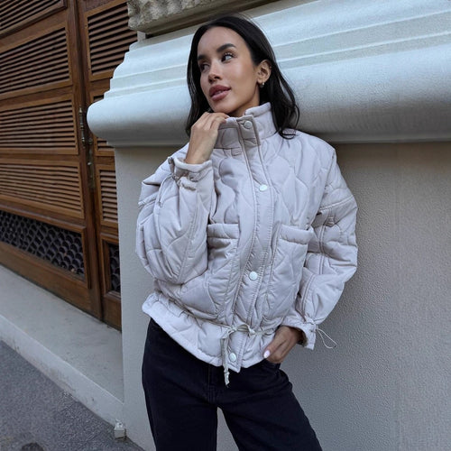 Quilted transitional jacket for women with high collar and drawstring Amarae