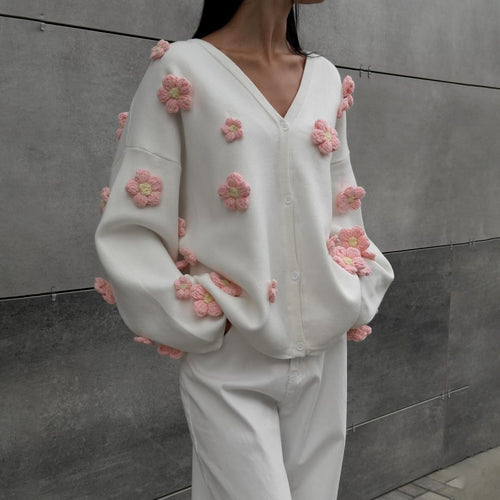 Ladies' knit jacket with 3D floral design and V-neck Amarae