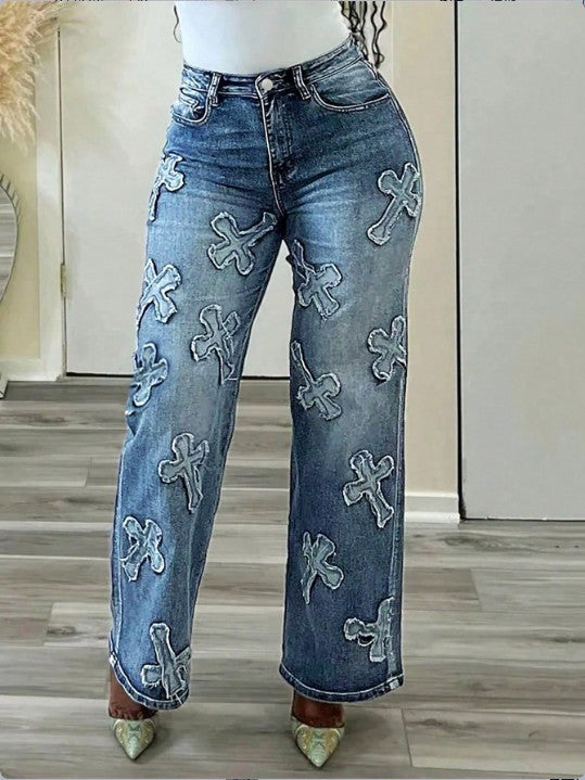 Women High-Waisted Straight-Leg Jeans with Fringed Cross Applications Amarae