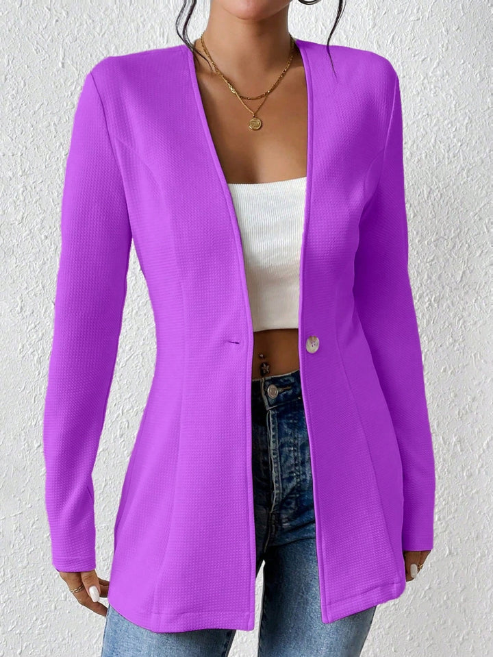 Ladies Tailored Long Blazer with V-Neck and One-Button Closure Amarae