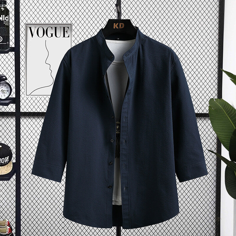 Long sleeve shirt for men Nizza with modern stand-up collar and structured fabric Lune London