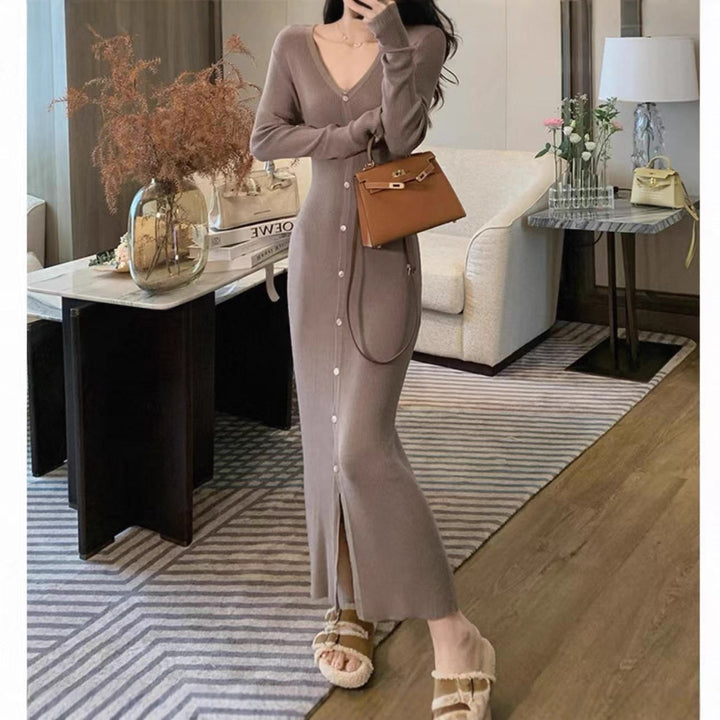Ladies Elegant Maxi Dress with Button Details and Chic V Neckline and Style