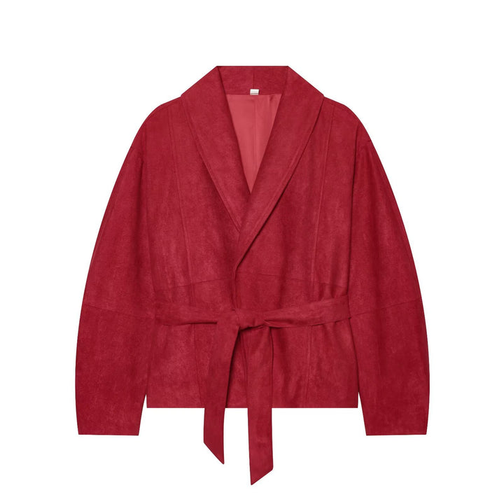 Women Cropped Jacket in Kimono Style made of Velvet Look with Shawl Collar and Tie Belt Amarae