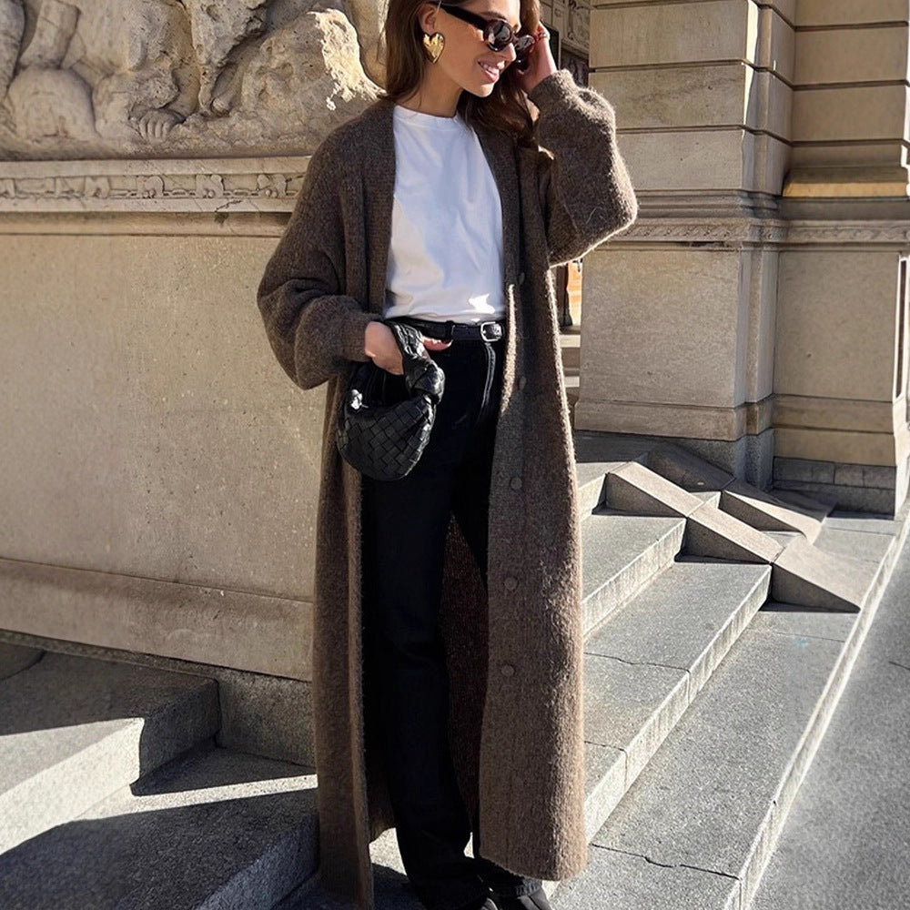 Women Maxi Long Knit Coat in Mohair Look with Concealed Button Placket and Loose Silhouette Amarae