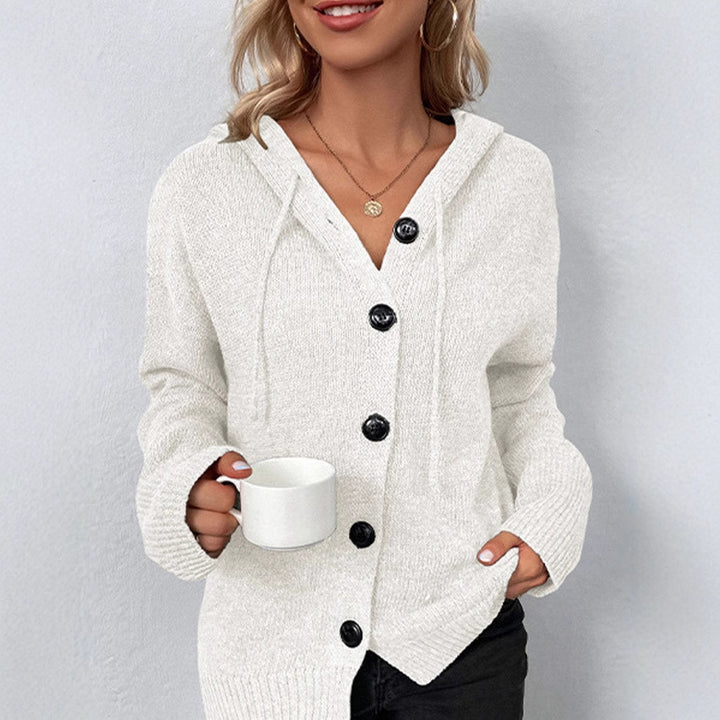Ladies Cozy Knit Sweater with Hood and Decorative Buttons Lune London