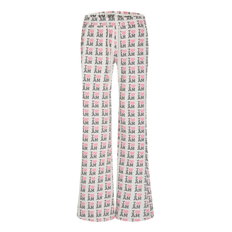 Women's High-Waist Lounge Pants with Flared Leg Cut, Drawstring and Allover Statement Print Amarae