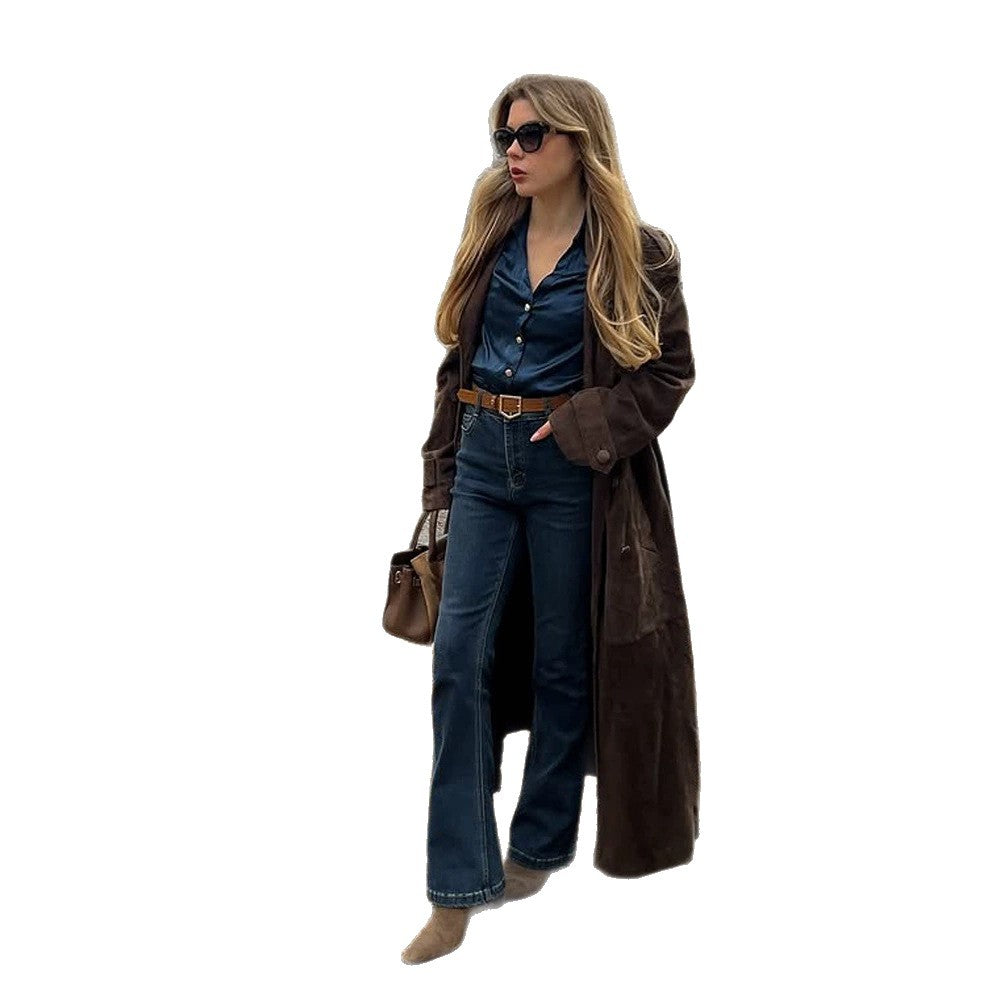 Ladies Long Cut Suede Trench Coat with Oversized Collar and Tie Belt Amarae