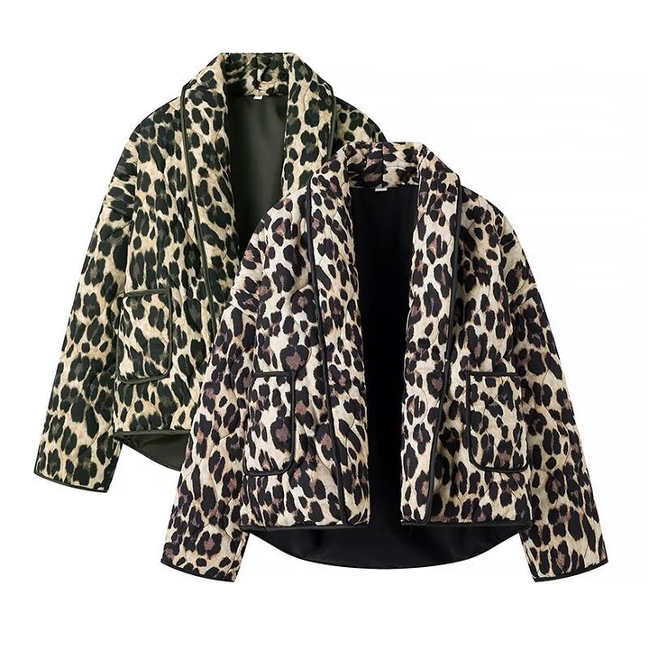 Women’s oversized quilted puffer jacket with leopard pattern and wide shawl collar Amarae