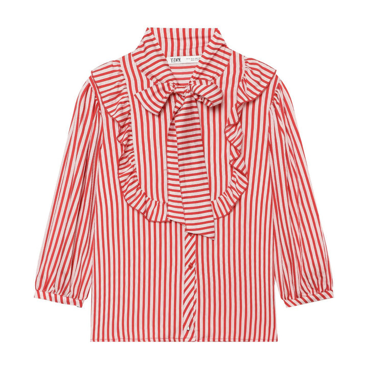 Women Striped Blouse with Ruffle Yoke and Bow Collar Amarae