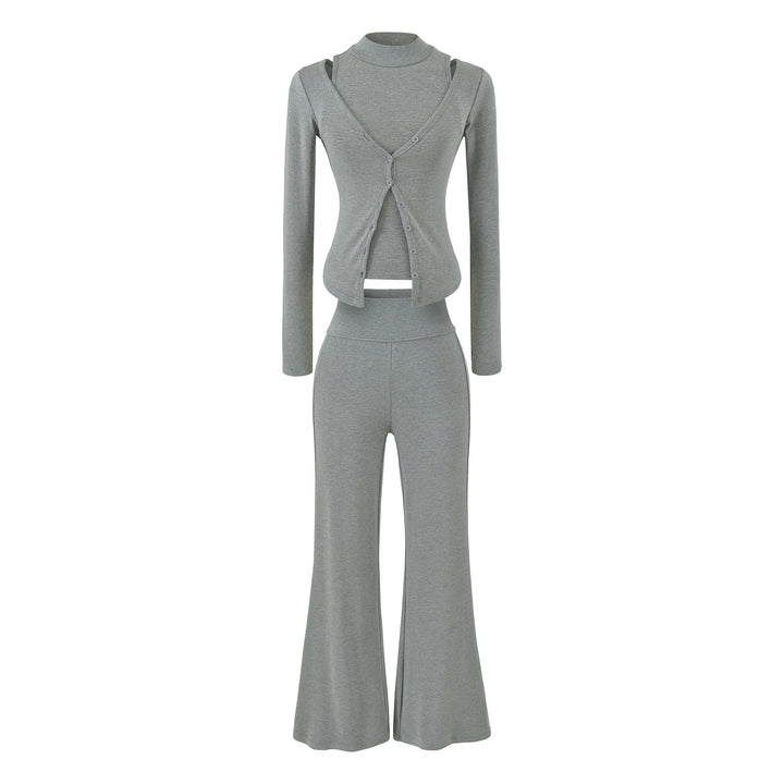 Women Figure-Hugging Layering Set with Turtleneck Long Sleeve and Asymmetrical Button Jacket and Flared High-Waist Pants Amarae