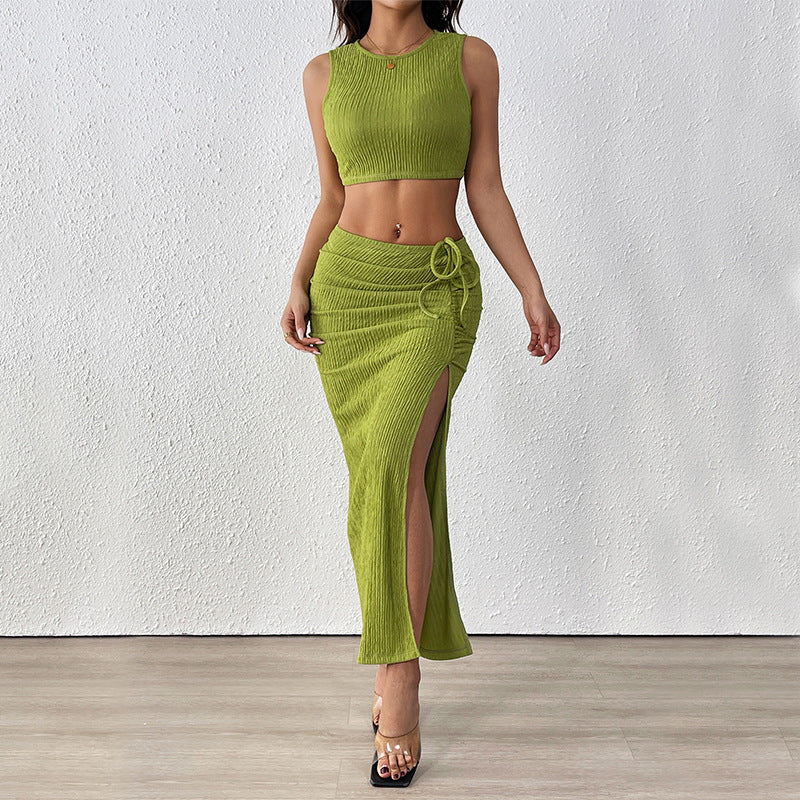 Women Chic and Stylish Coordinated Short Top and High Slit Maxi Skirt