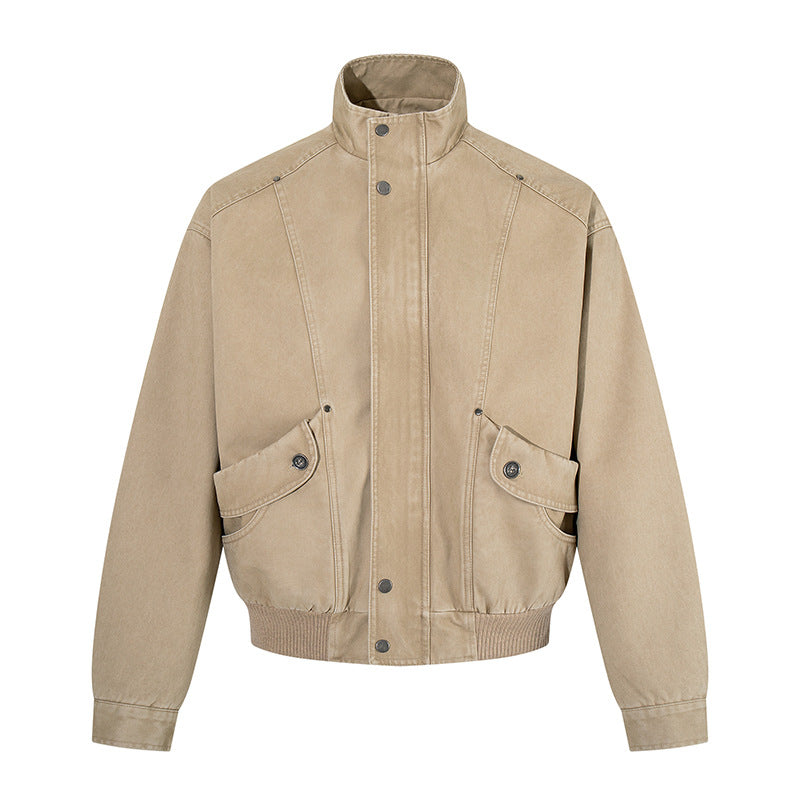 Men's short-cut utility bomber jacket made of cotton canvas with stand-up collar, concealed snap button placket, and ribbed hem Amarae