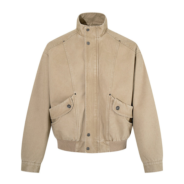 Men's short-cut utility bomber jacket made of cotton canvas with stand-up collar, concealed snap button placket, and ribbed hem Amarae