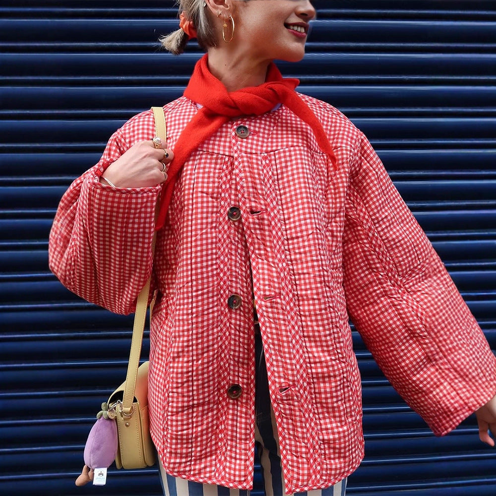 Women Padded Checked Boxy Padded Jacket with Button Closure Amarae
