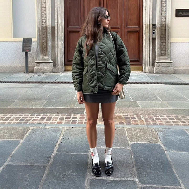 Women's quilted oversized jacket with cord collar, snap button closure and patch flap pockets Amarae