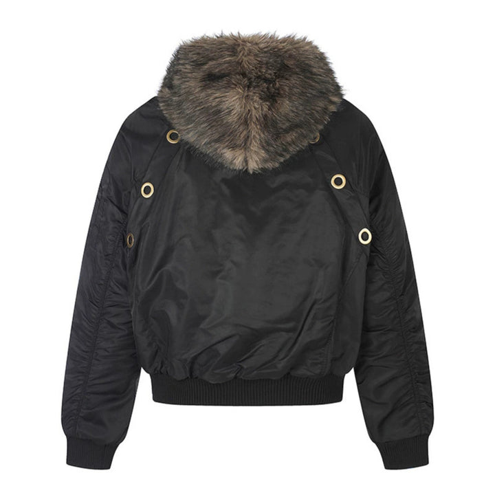 Women's short-cut bomber jacket with faux fur hood and eyelet application Amarae