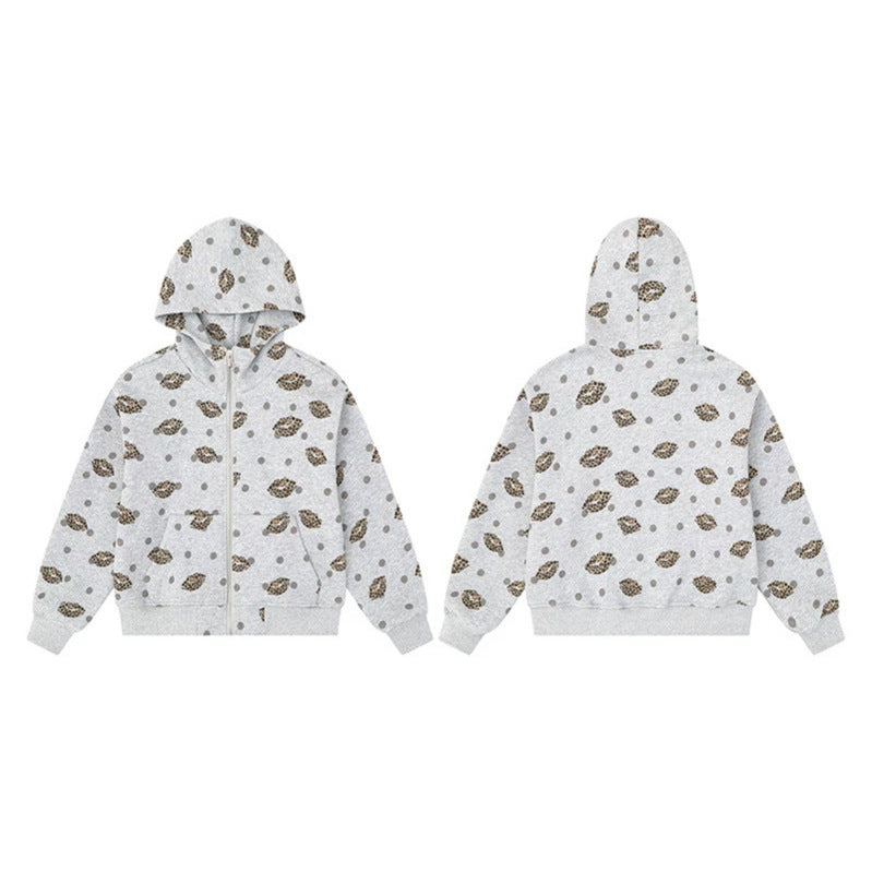 Women's Zip-Up Hoodie in Casual Look with Lip Motif and Polka Dot Pattern Amarae