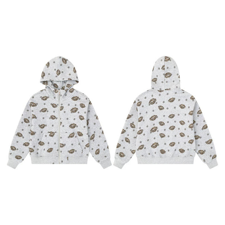 Women's Zip-Up Hoodie in Casual Look with Lip Motif and Polka Dot Pattern Amarae