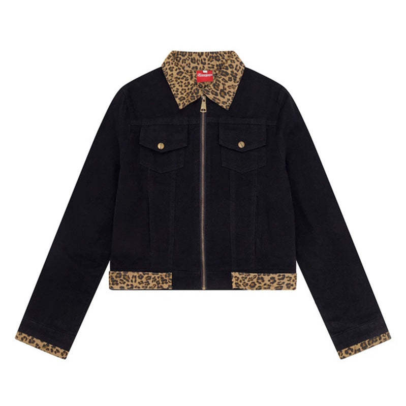 Women’s Short Cut Denim Trucker Jacket with Leopard Contrast Collar and Cuffed Sleeves Amarae