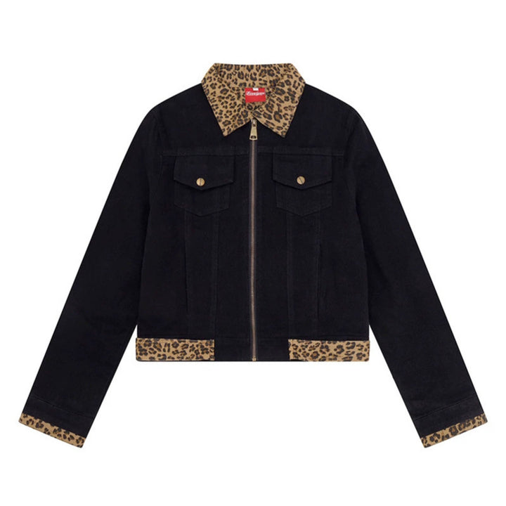 Women’s Short Cut Denim Trucker Jacket with Leopard Contrast Collar and Cuffed Sleeves Amarae