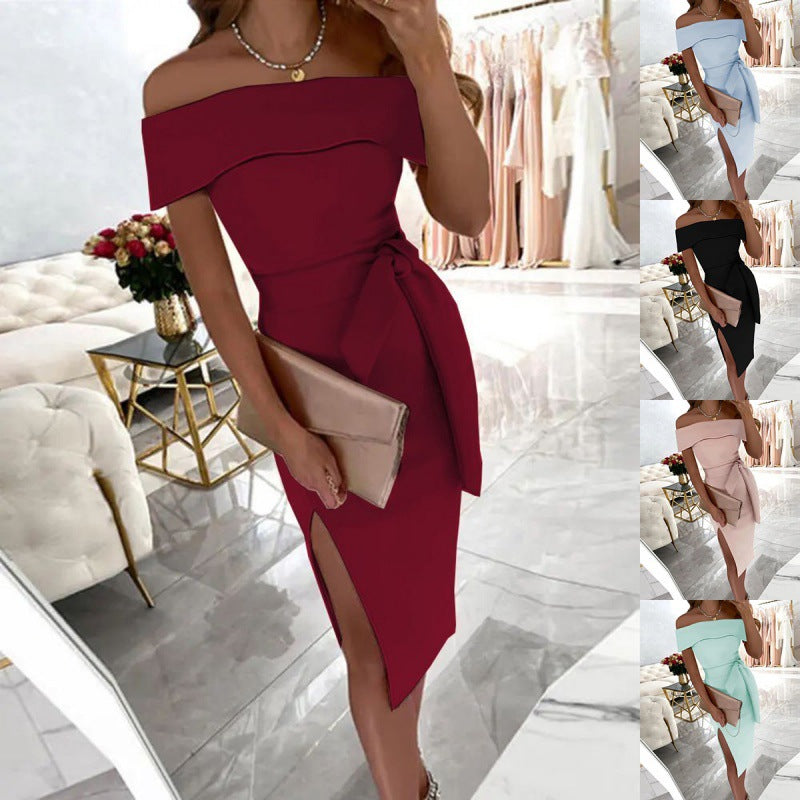 Elegant bodycon dress for women with off-shoulder design, side slit and bow detail Lune London