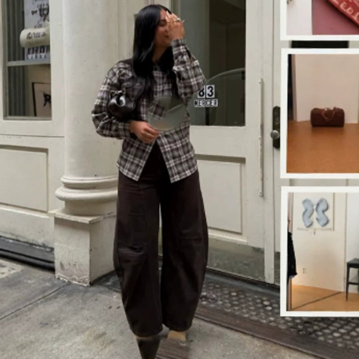 Women's Oversized Flannel Shirt with Check Pattern, Patch Chest Pocket and Rounded Hem Amarae