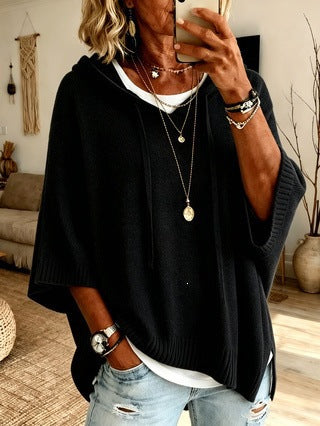 Ladies Oversized Knit Poncho with Hood, Batwing Sleeves and Side Slits Amarae