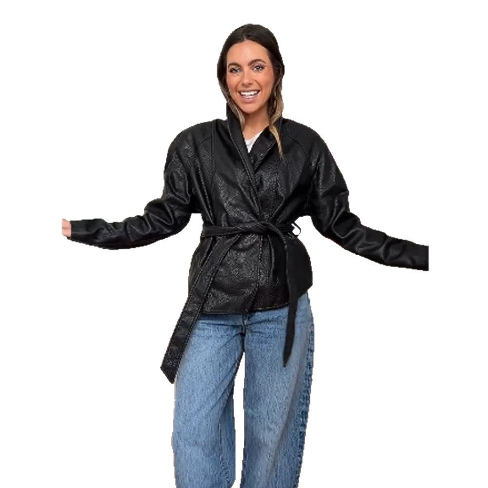 Women's Tailored Wrap Blouson in Structured Leather Look with Tie Belt Amarae