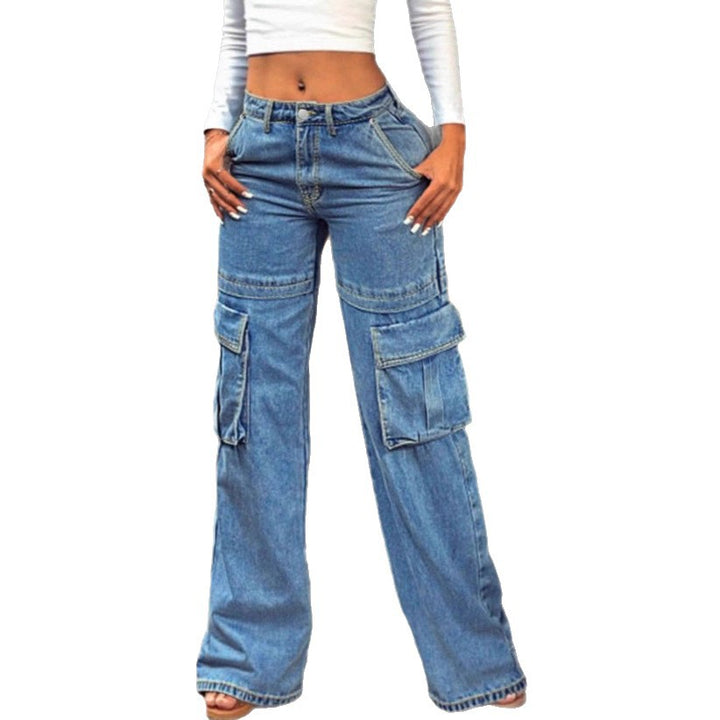 Women's casual cargo denim baggy trousers with extra-large flap pockets and straight leg Amarae