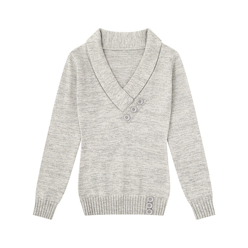 Women’s fine knit pullover with shawl collar, V-neck and decorative buttons Amarae