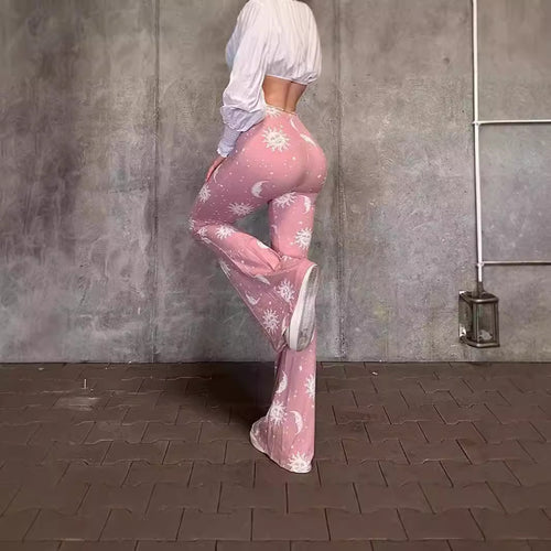 Bootcut pants for women with artistic moon and sun design Amarae