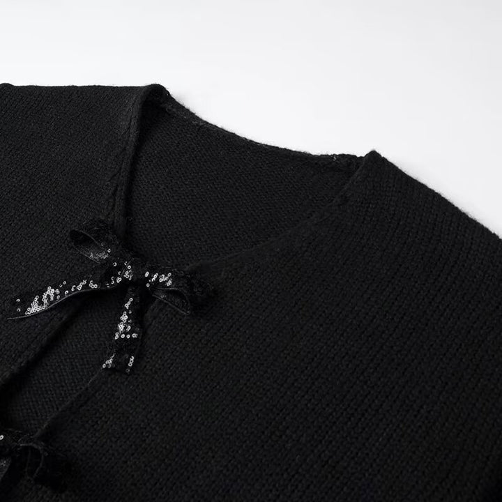 Women's Oversized Knit Cardigan with Deep V-Neck and Decorative Bows Amarae