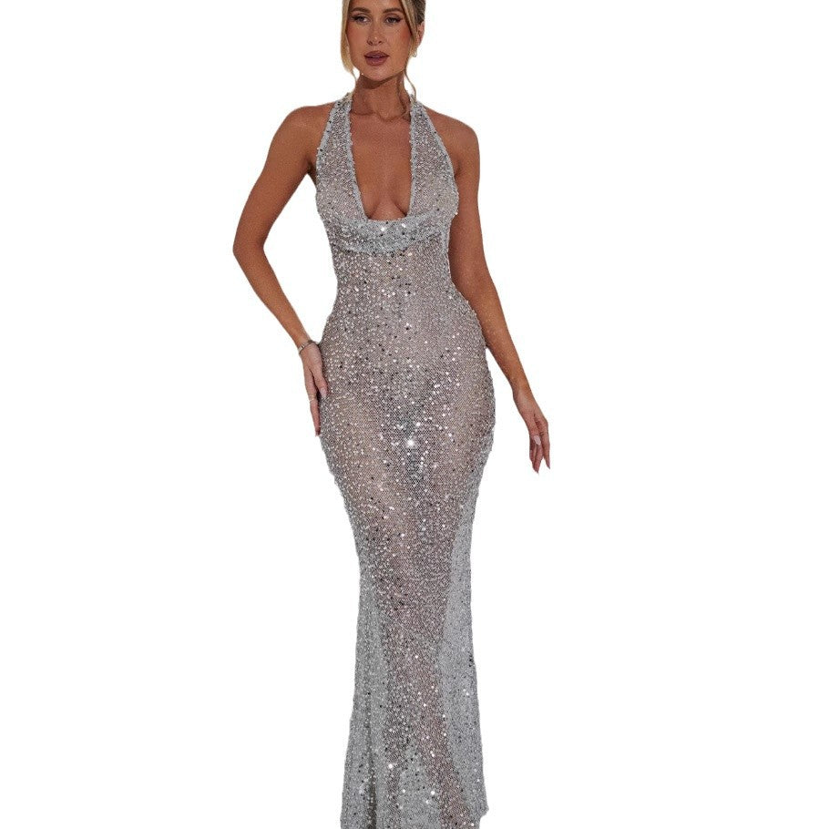 Women's evening dress with glamorous sequin embellishment and elegant V-neck Lune London
