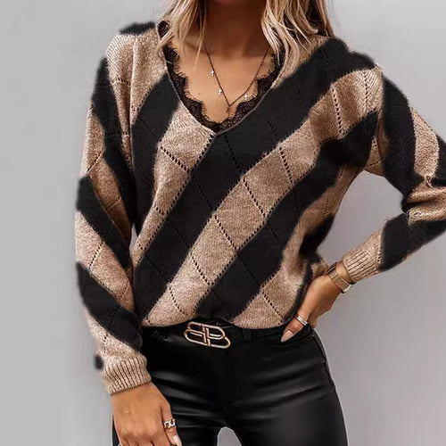 Knitted sweater for women with V-neck and modern diamond pattern Amarae