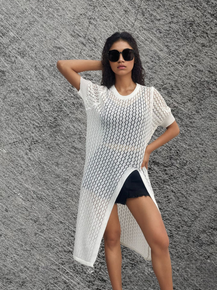 Ladies long knitted kimono with open design and breathable mesh structure Lune London