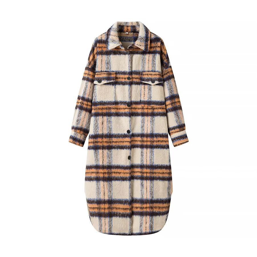 Women's checked longline faux fur overcoat with patch breast pockets Amarae