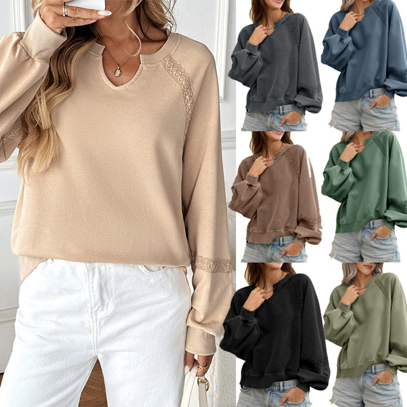 Women's sweatshirt with lace inserts, V-neck and balloon sleeves Amarae